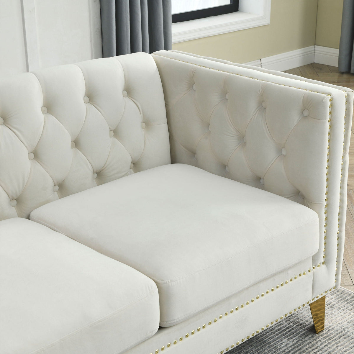 L-Shaped Corner Sofa, 5 Seater Sectional with Tufted Design – Beige or Dark Gray