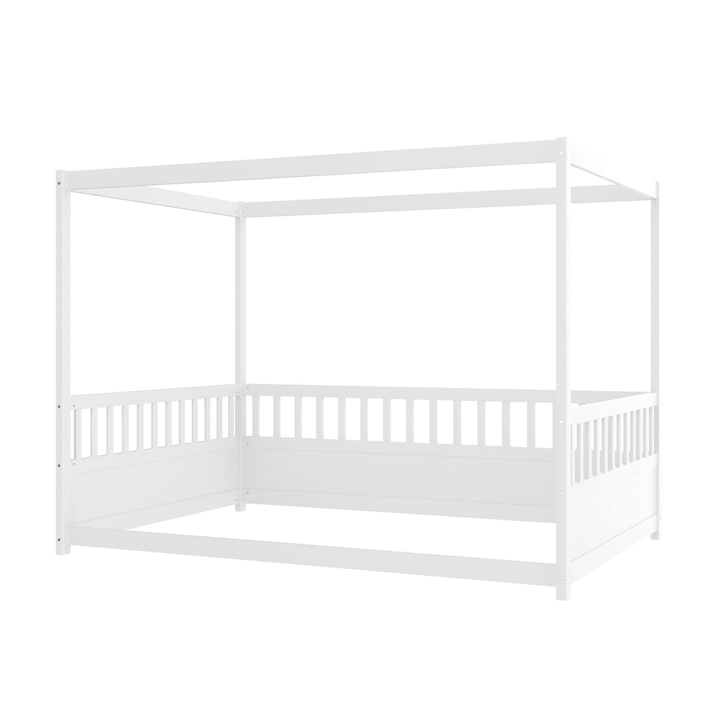 Full Size Canopy Bed Frame with Guardrails - White