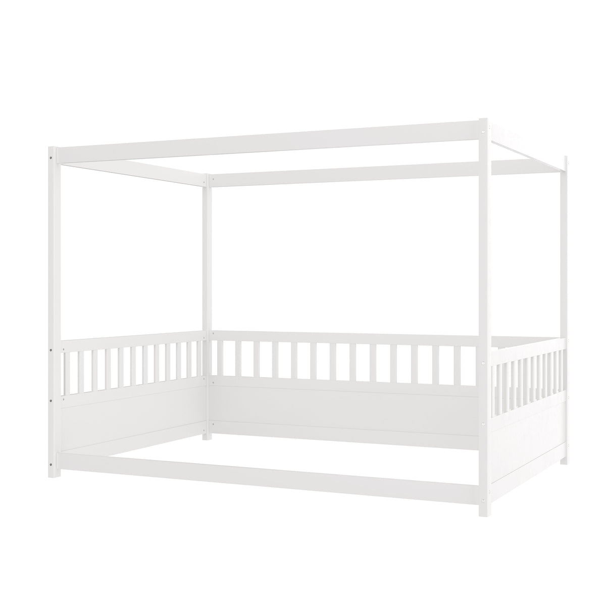Full Size Canopy Bed Frame with Guardrails - White