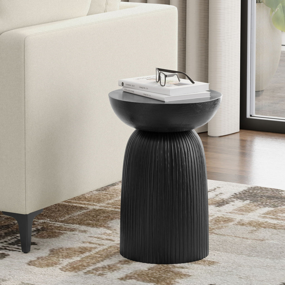 Black Mango Wood Accent Table with Vertical Line Design - Black