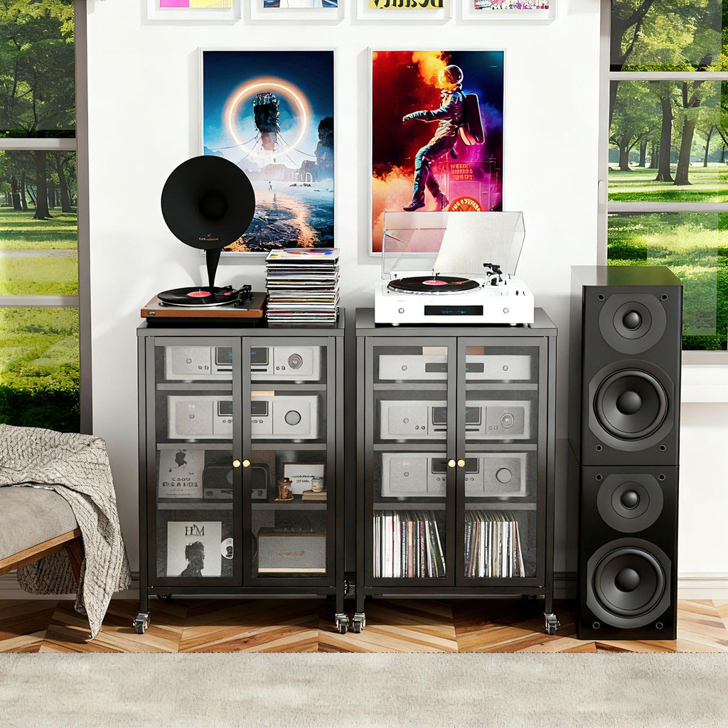 Media Storage Cabinet with Wheels and Adjustable Glass Shelves - Black