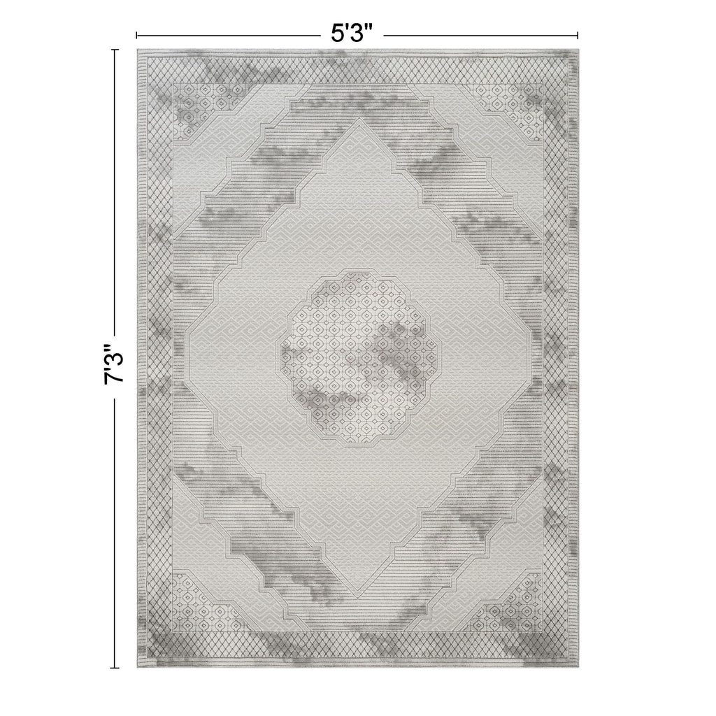 Medallion Area Rug with Geometric 3D Effect - Ivory / Gray