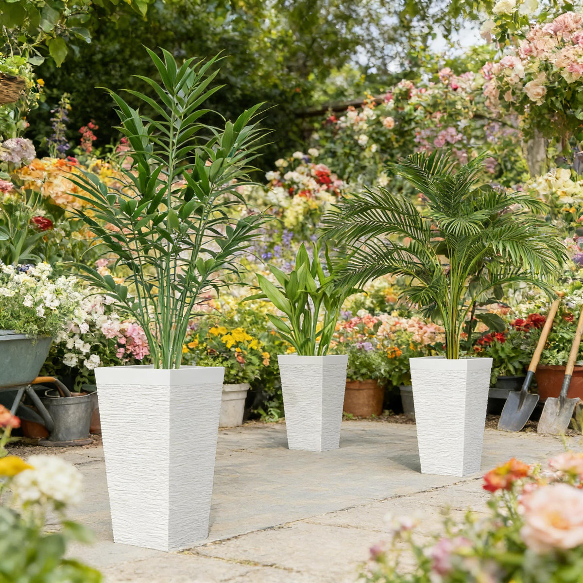 Stackable Tapered Planters Set of 3 with Wheels and Drainage - White Stone Look