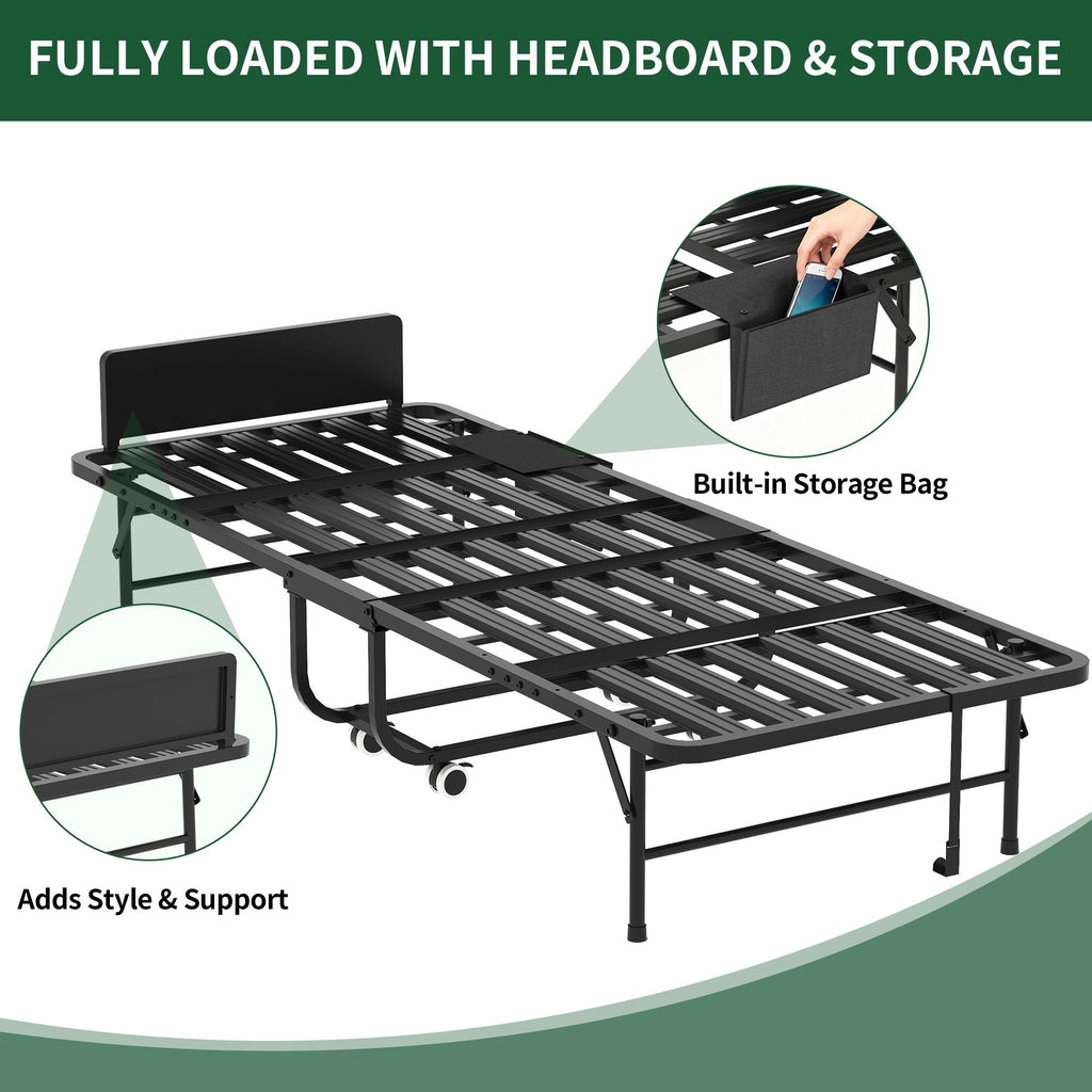 Twin Folding Bed with Adjustable Headboard & Memory Foam Mattress - Black