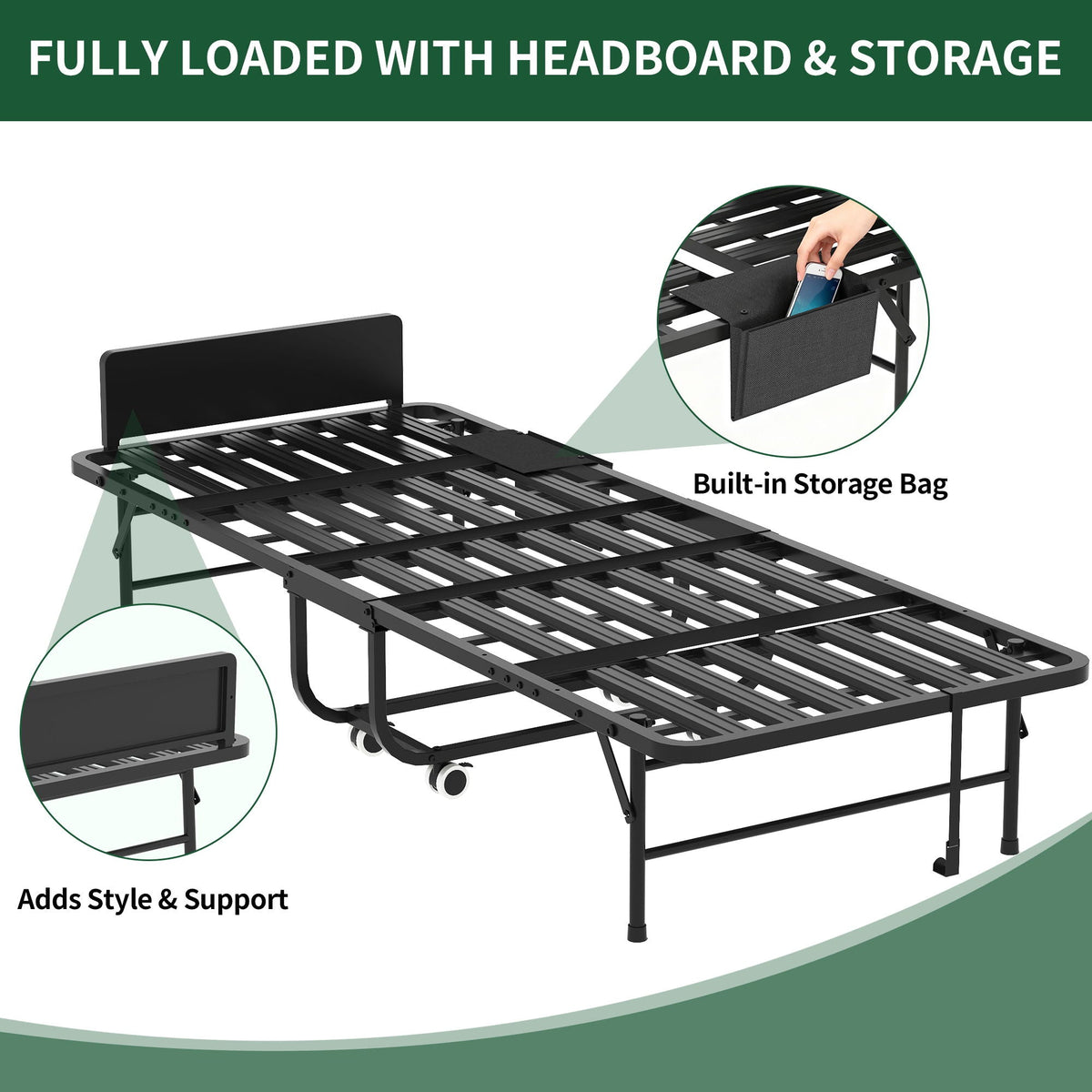 Twin Folding Bed with Adjustable Headboard & Memory Foam Mattress - Black