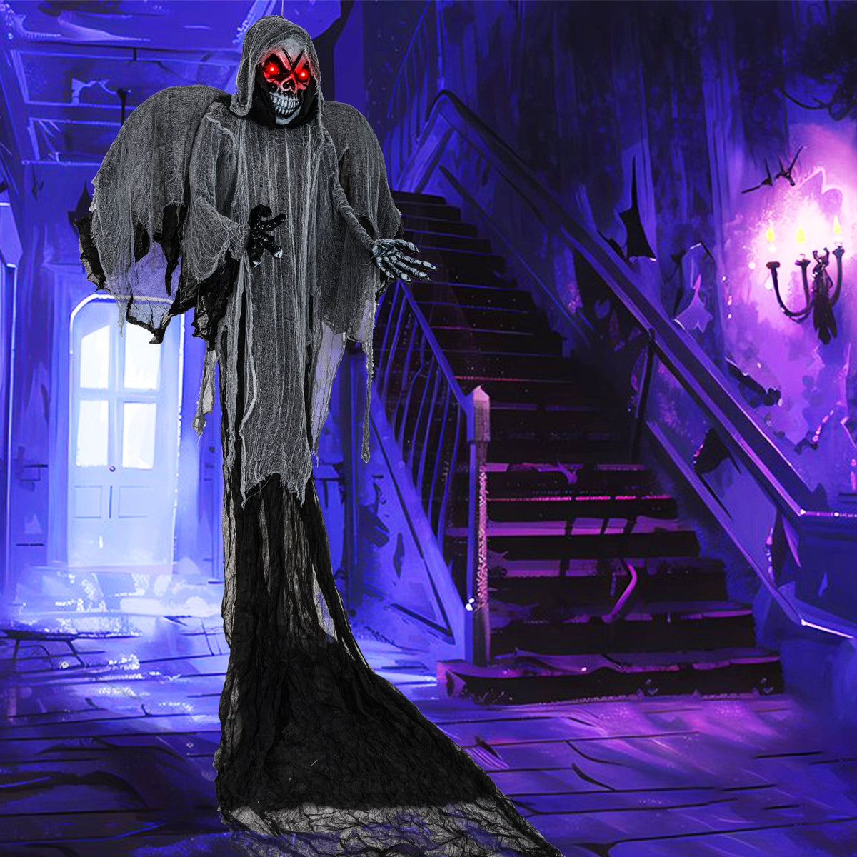 12.1 Ft Skeleton Ghost with Flickering Red Eyes and Scary Sounds