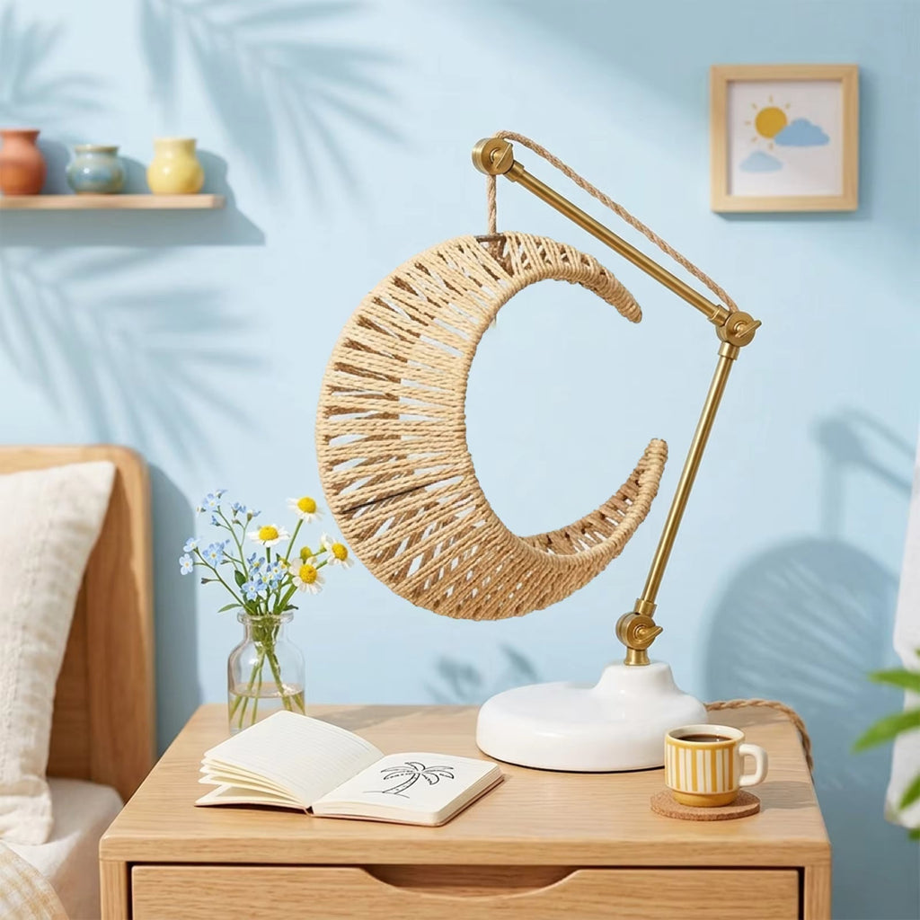 Handcrafted Crescent Moon Natural Hemp Pendant Light | Woven Hanging Lamp