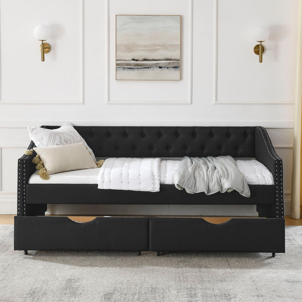 Upholstered Tufted Daybed with 2 Drawers and Waved Arms - Multiple Colors