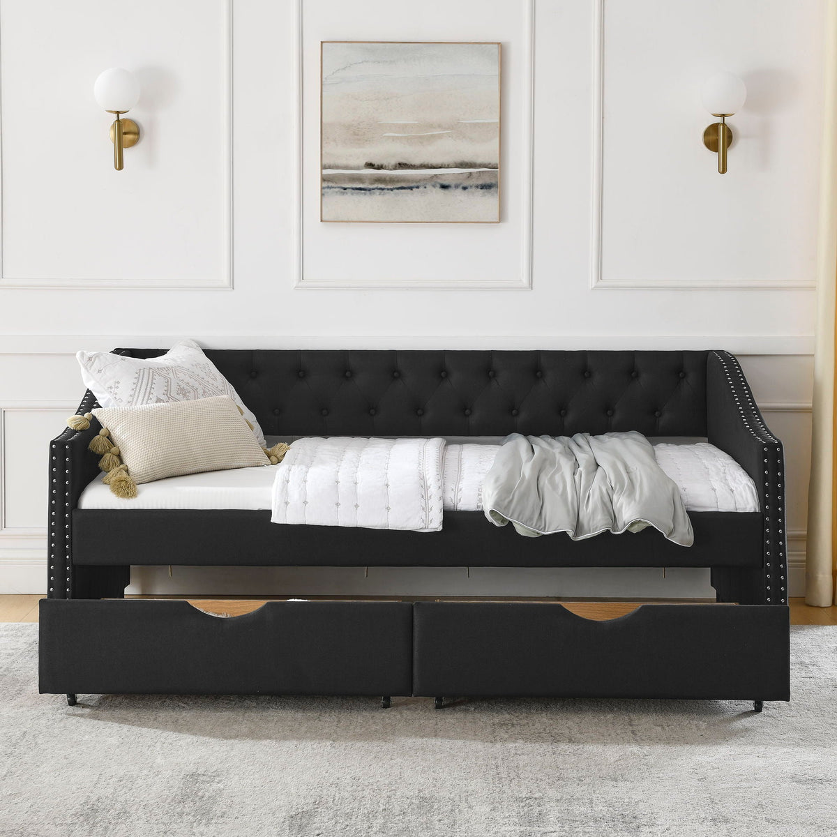Upholstered Tufted Daybed with 2 Drawers and Waved Arms - Multiple Colors