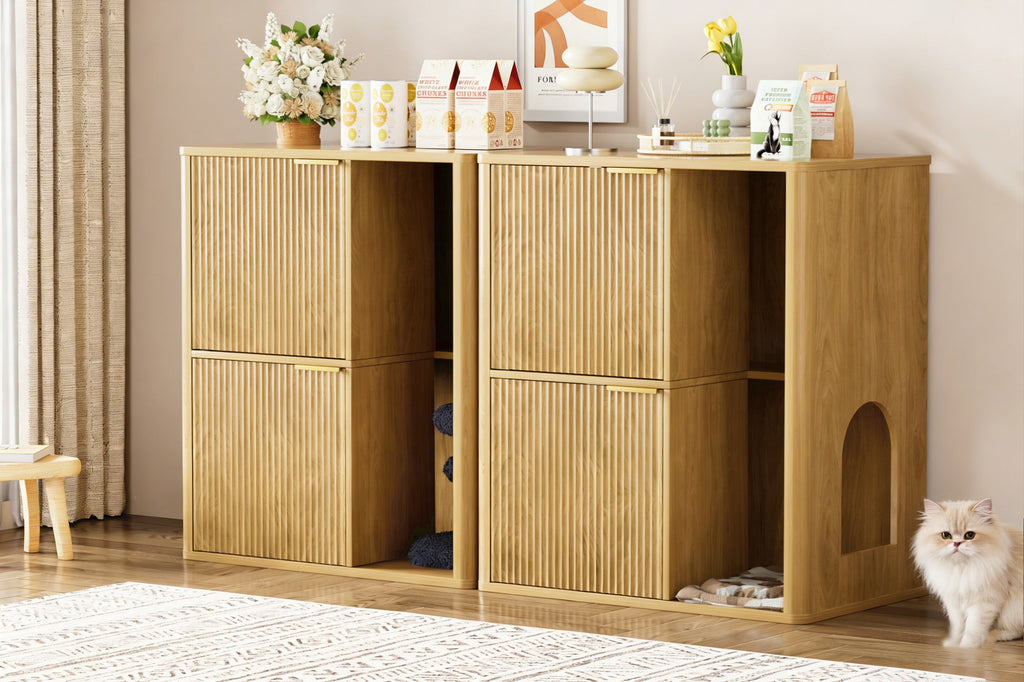 Light Wood Cat Litter Cabinet with Cat Tree