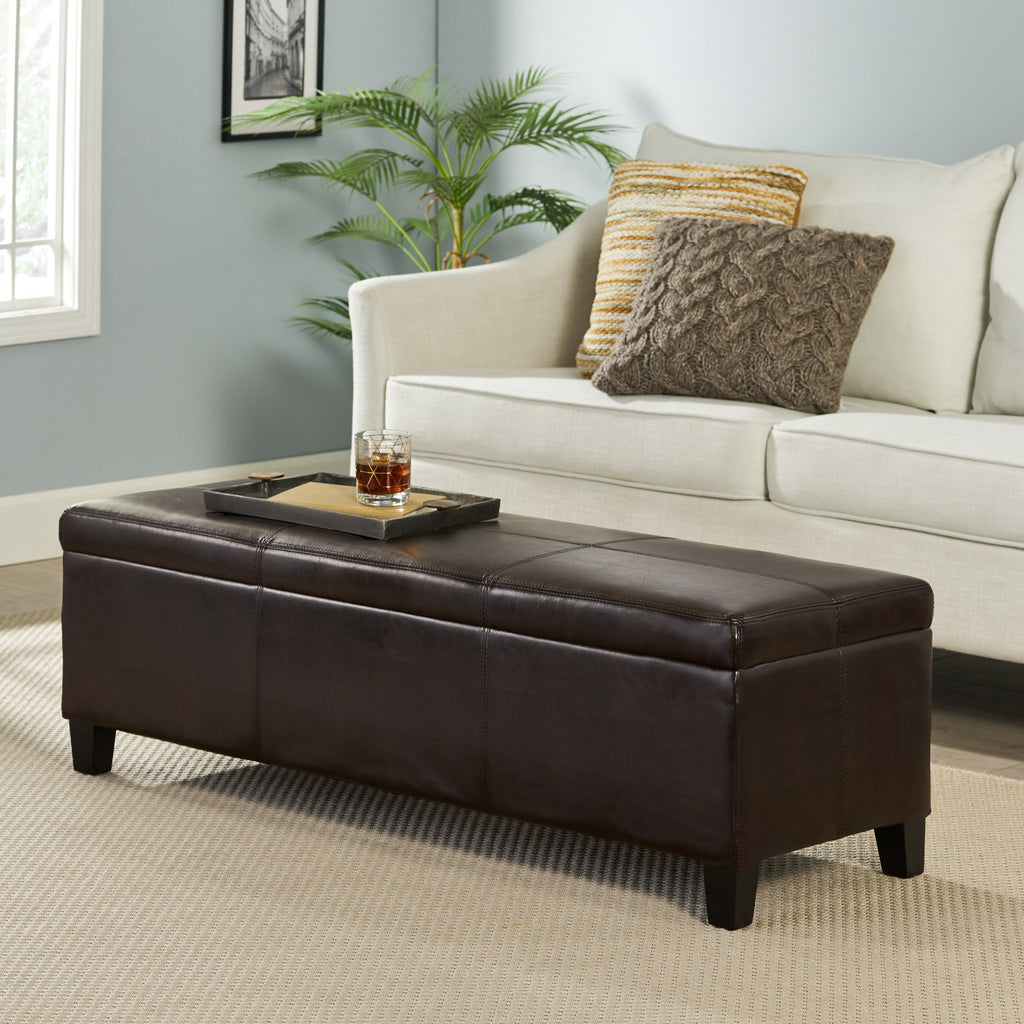 Upholstered PU Leather Storage Ottoman with Solid Wooden Legs - Faux Leather