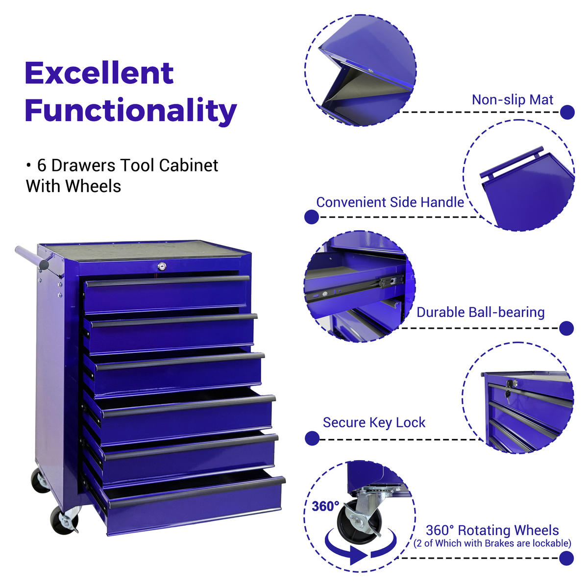 Rolling Metal Tool Chest with 6 Drawers - Steel Mobile Cabinet - Purple