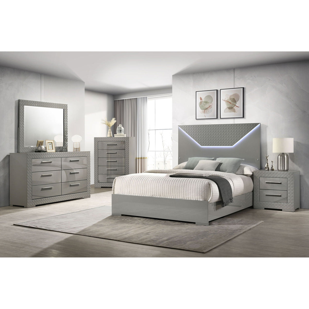 Pierce Panel Bed with LED Headboard - High Gloss Finish - White or Dark Gray