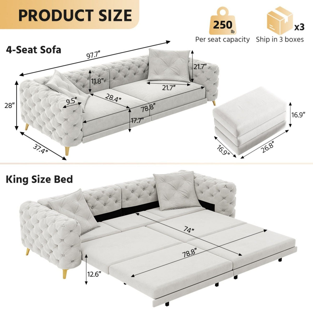 3-In-1 Convertible Sleeper Sofa Set with Deep Seat & Movable Ottoman - White, Beige, Gray