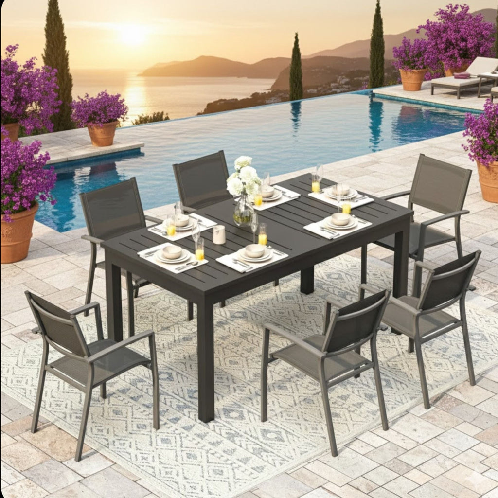 Extendable Outdoor Dining Table with Slatted Top - Gray
