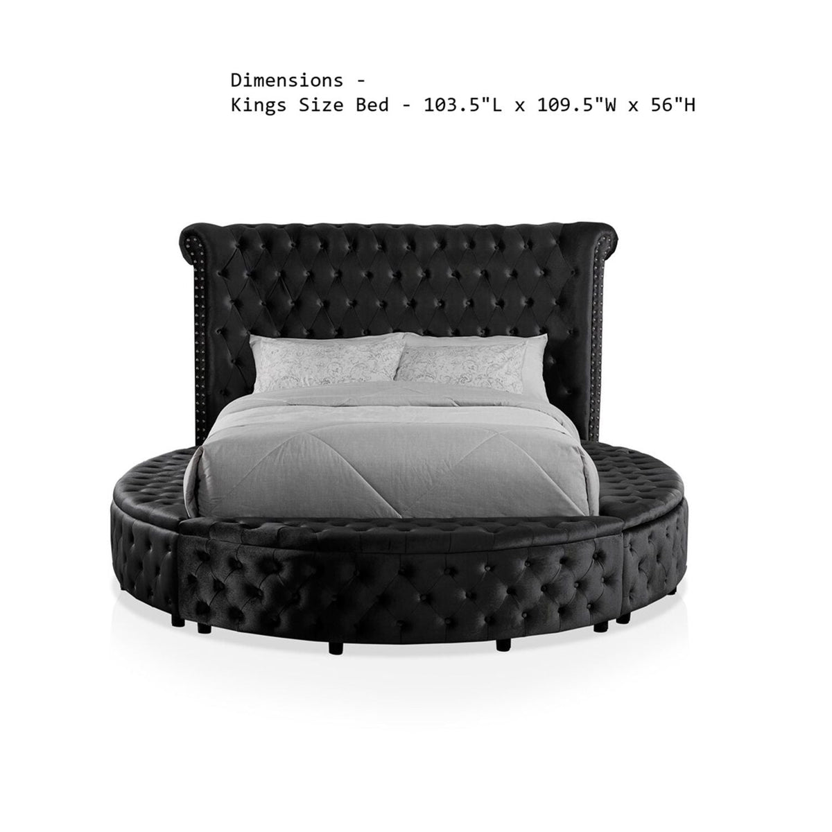 Glam Button Tufted Wingback Round Bed With Storage And USB Ports