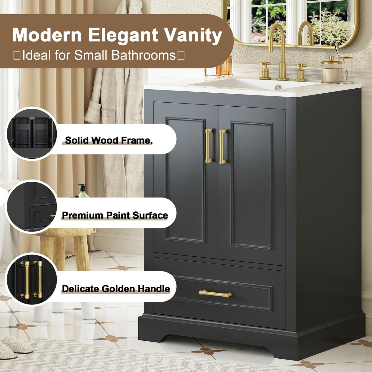 Bathroom Vanity with Sink and Soft Close Doors - White, Black, Green, or Gray