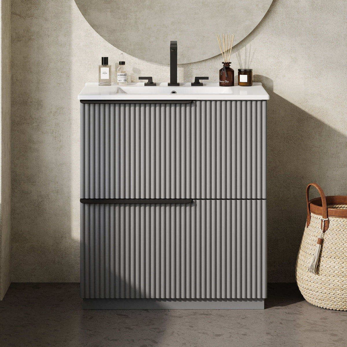 Fluted Bathroom Vanity with Ceramic Sink and Moisture-Proof Cabinet - 30" Wide