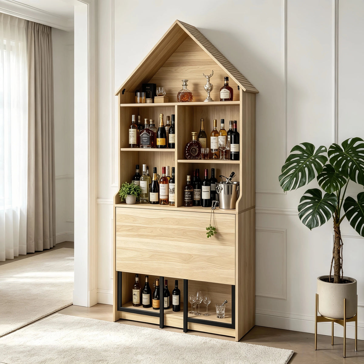Folding Craft Desk with Storage Shelves - Natural Wood