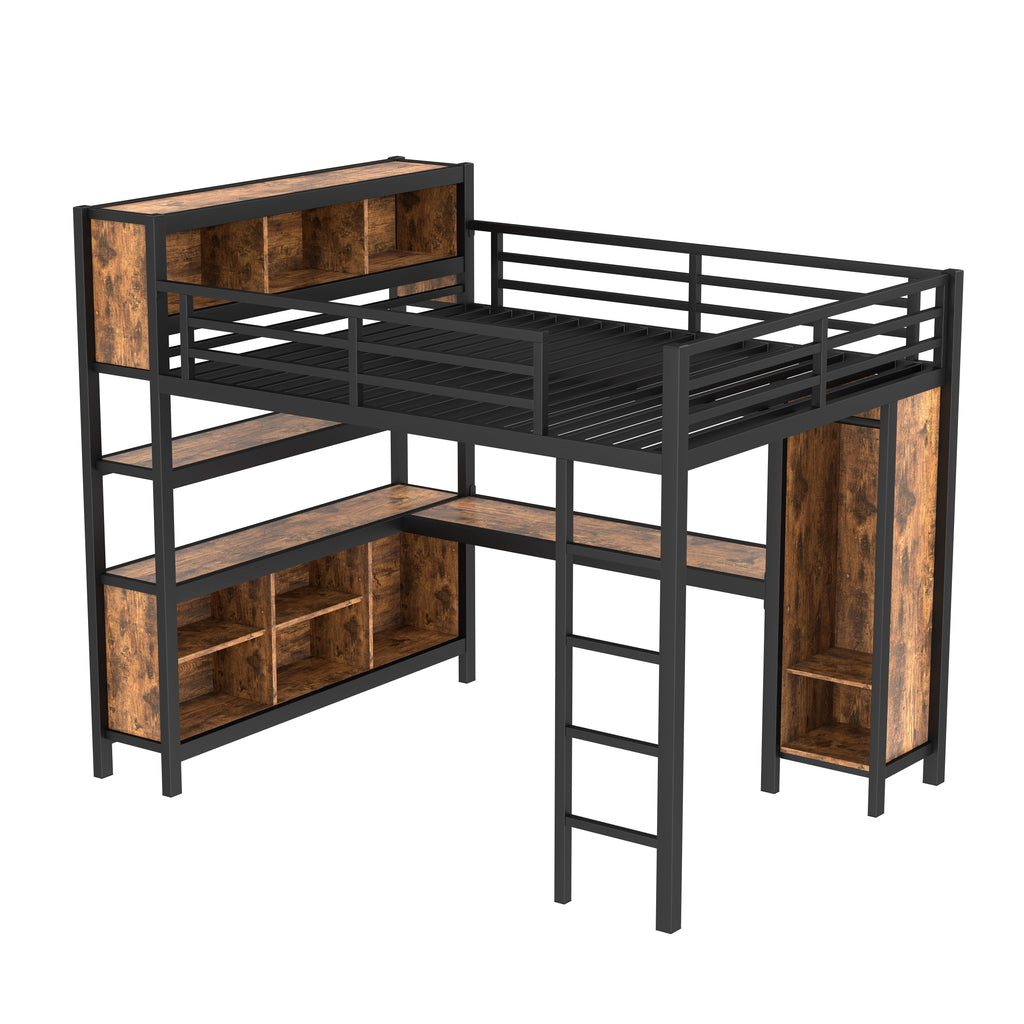 Metal Loft Bed with L-Shaped Desk and Wardrobe - Queen Size