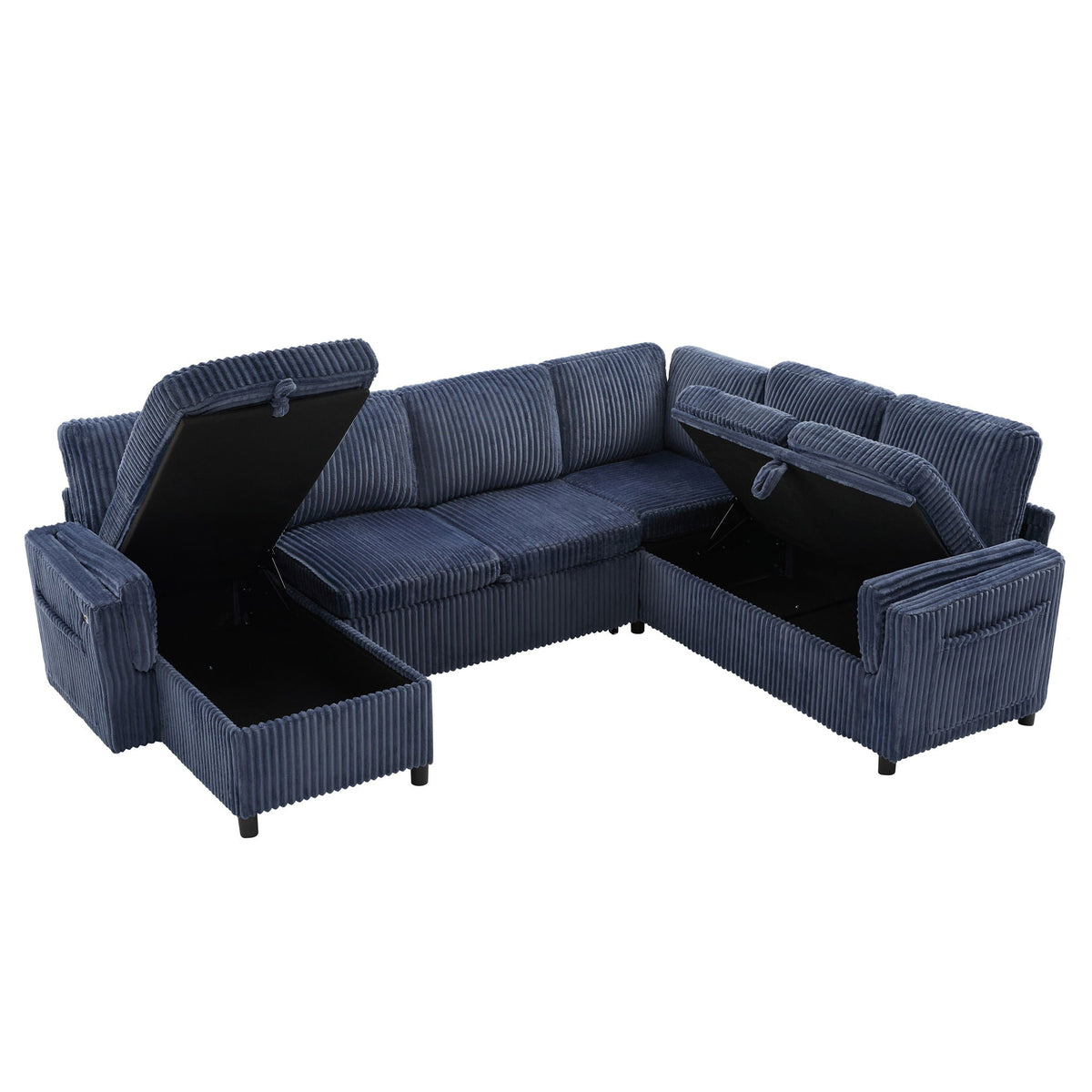 Convertible U-Shaped Sectional Sofa Bed with USB Ports and Storage – Black, Dark Gray, Blue