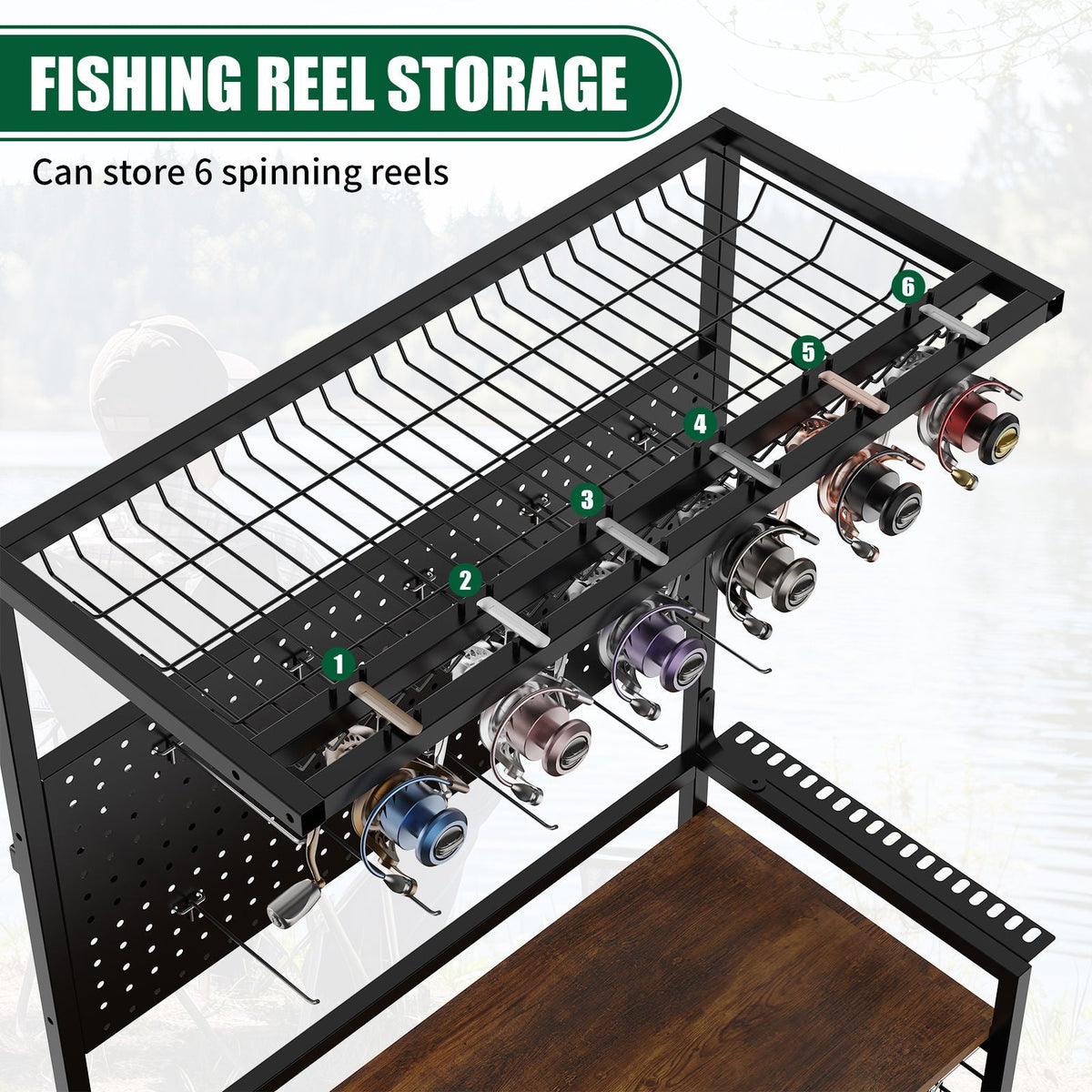 Fishing Rod Storage Rack with Pegboard - Rolling Tackle Organizer Cart - Black