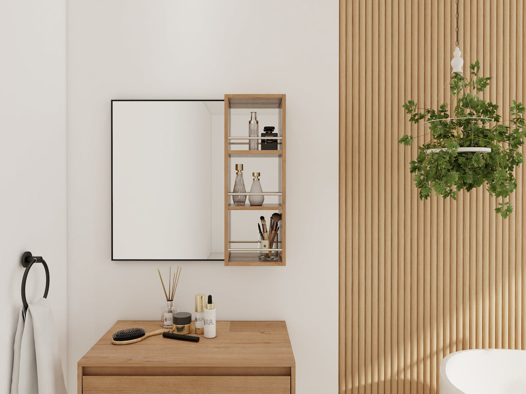 10'' Wall Mounted Bathroom Mirror Cabinet with Open Storage - Imitative Oak