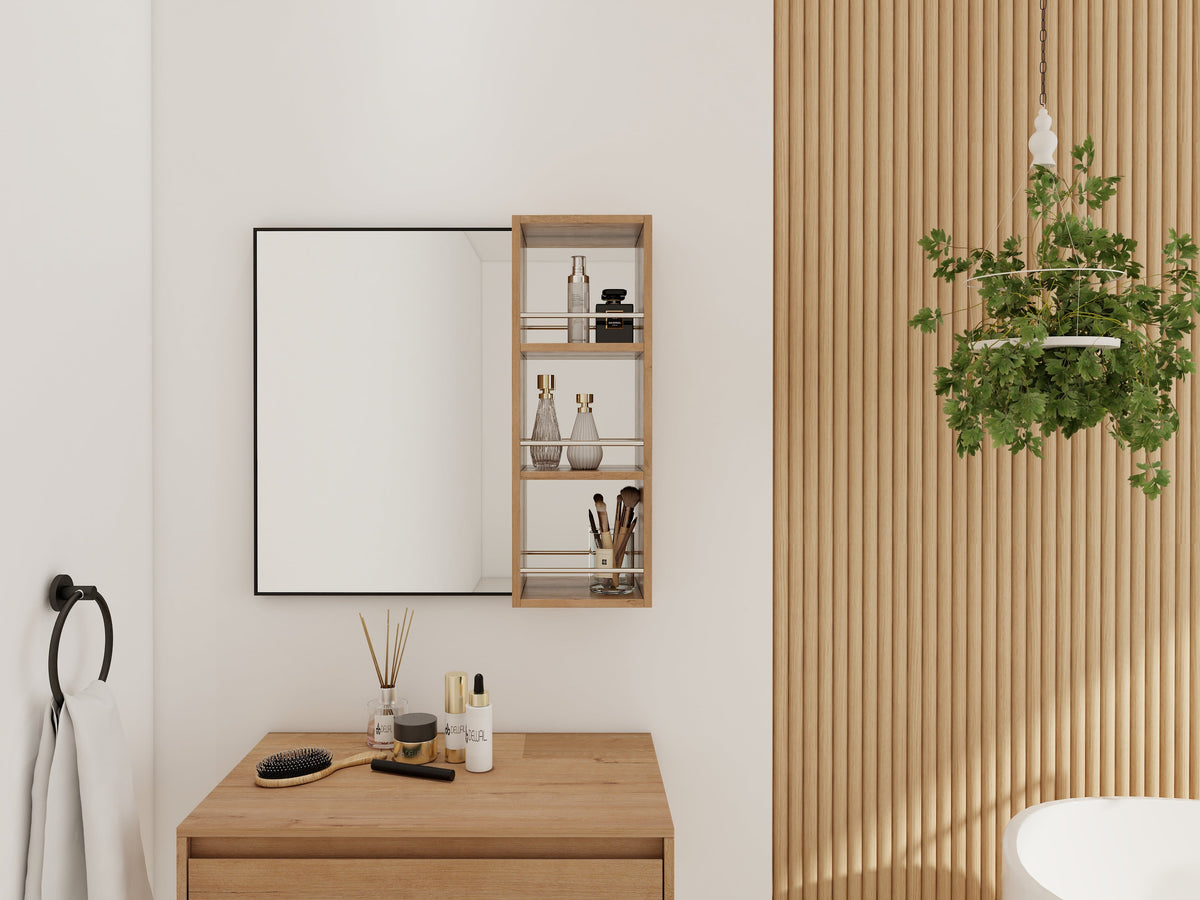 10'' Wall Mounted Bathroom Mirror Cabinet with Open Storage - Imitative Oak