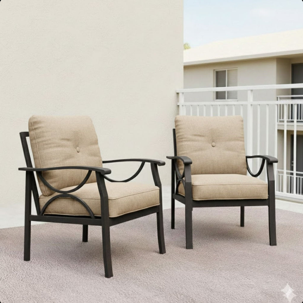 All-Weather Armchairs with Cushions, Modern Sculptural Design – Beige or Dark Gray