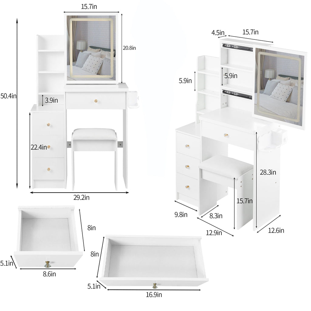 White Vanity Set with USB Power Station and Cushioned Stool