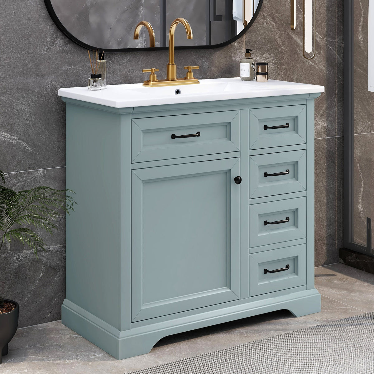 36" Bathroom Vanity with Ceramic Sink and Storage - Grey