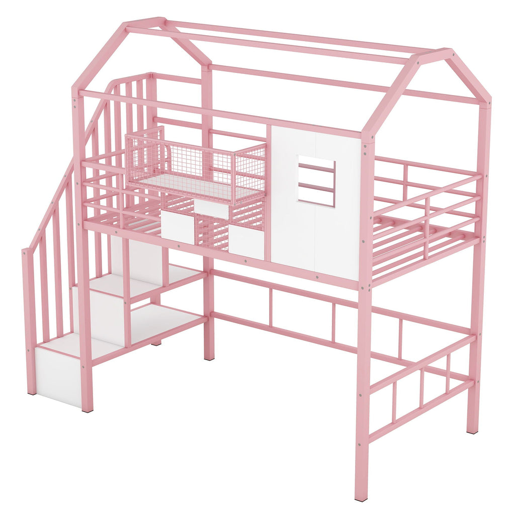 Metal Loft Bed With Roof Design and Storage Box with Guardrails and Integrated Ladder - Twin