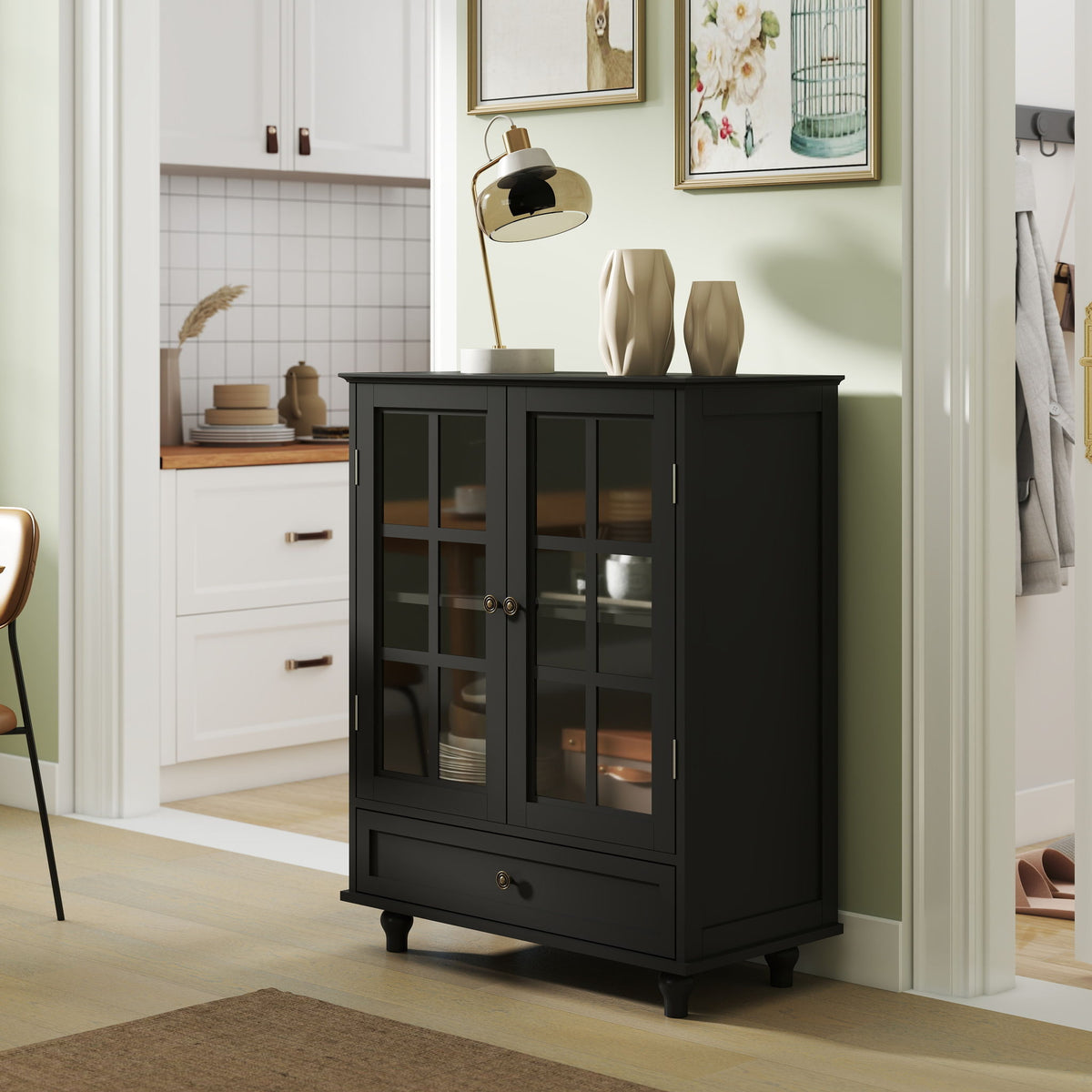 Minimalist Buffet Cabinet with Double Glass Doors and Drawer - White, Green, Black, Blue