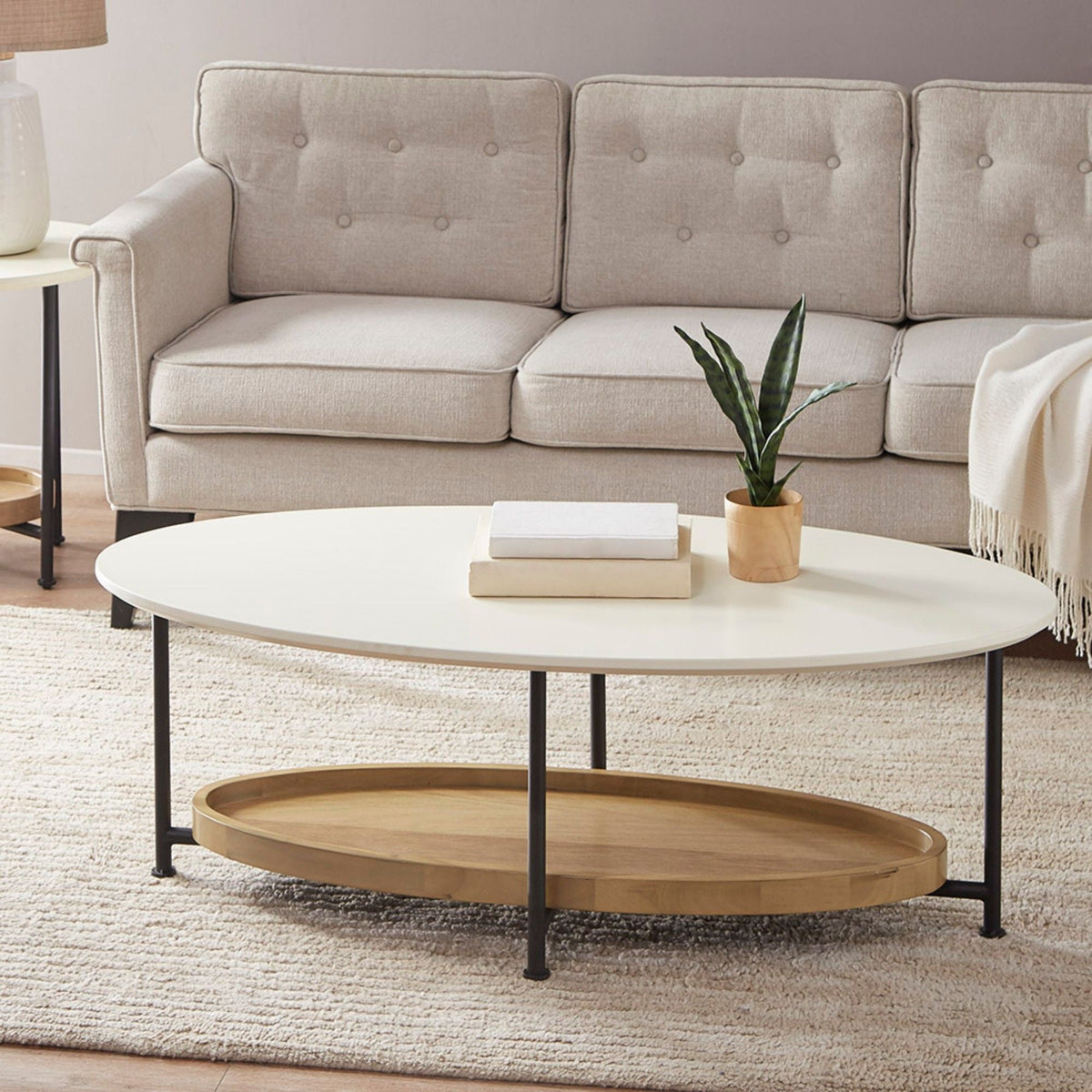 Oval Coffee Table with Storage Shelf - White / Natural