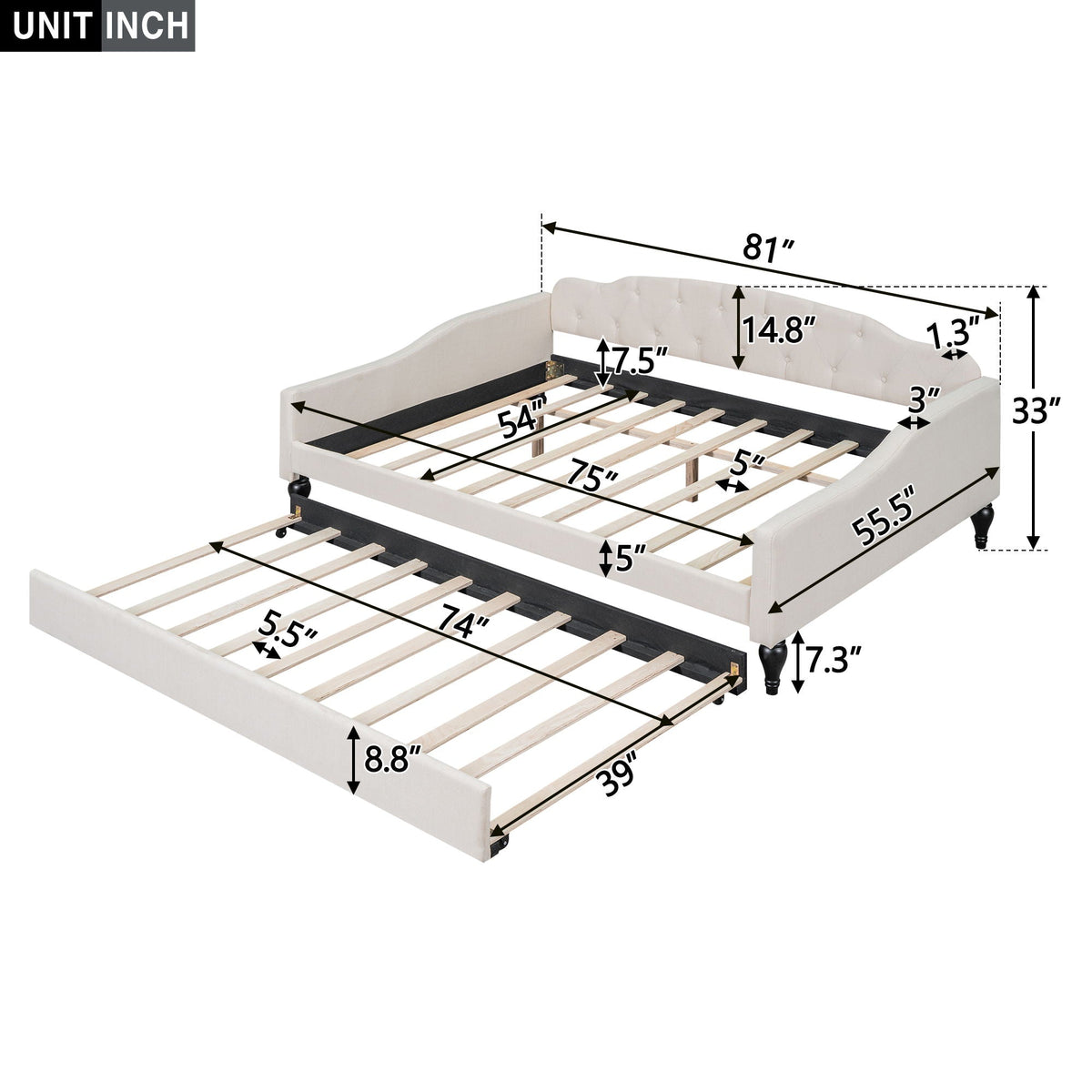 Upholstered Tufted Daybed with Storage Options - Beige