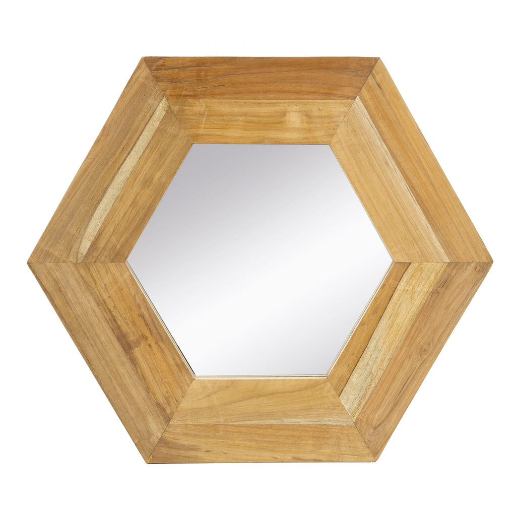 Hexagon Accent Mirror with Solid Teak Wood Frame - Light Brown, Dark Brown, Black