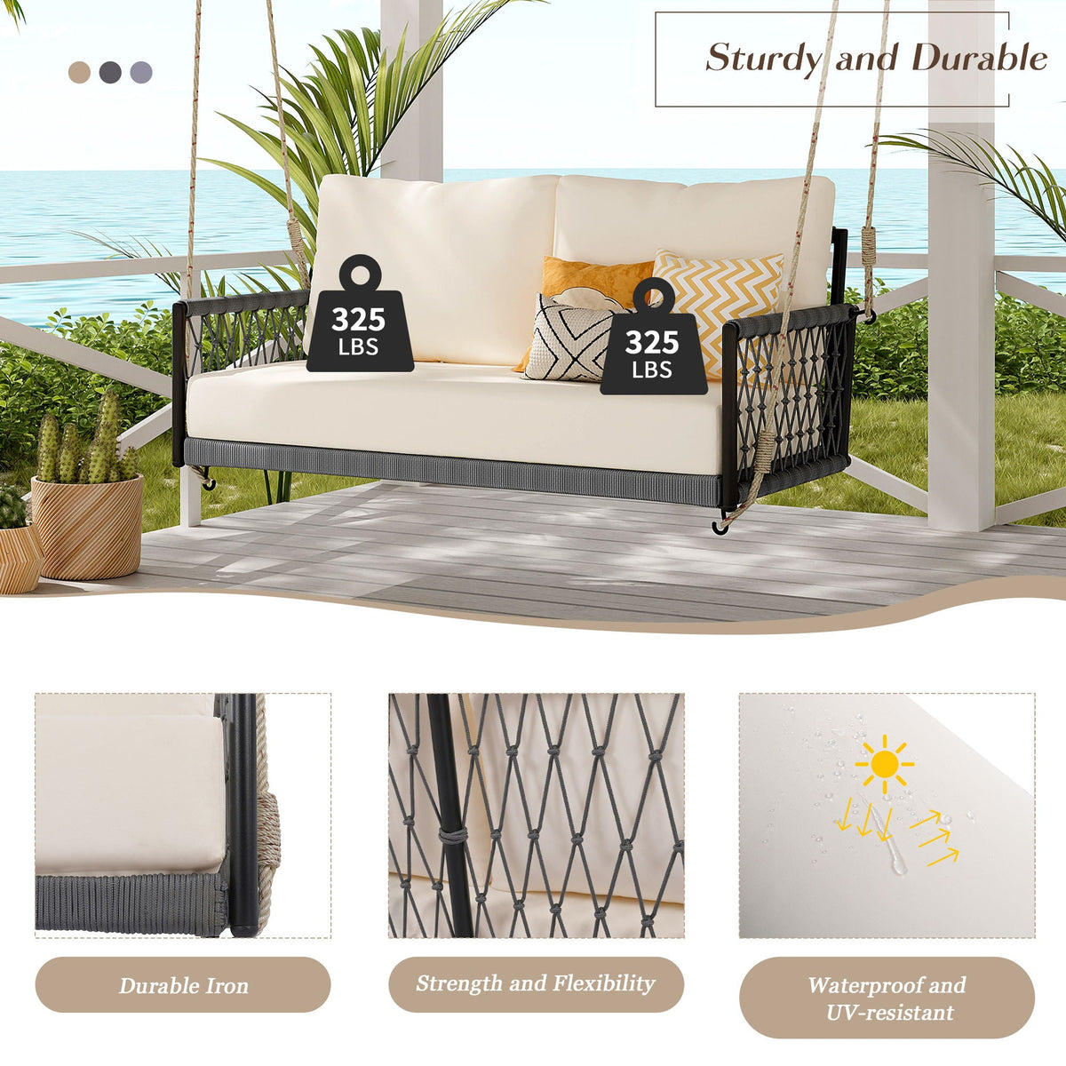Beige Outdoor Swing Sofa with Soft Cushions for Patio