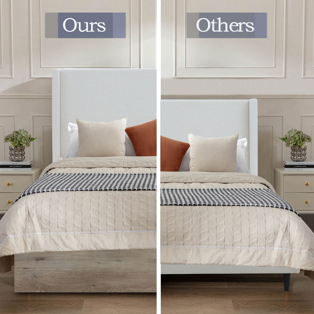 Queen Upholstered Wingback Bed with 54" High Headboard - Ivory / Light Gray / Camel Oak