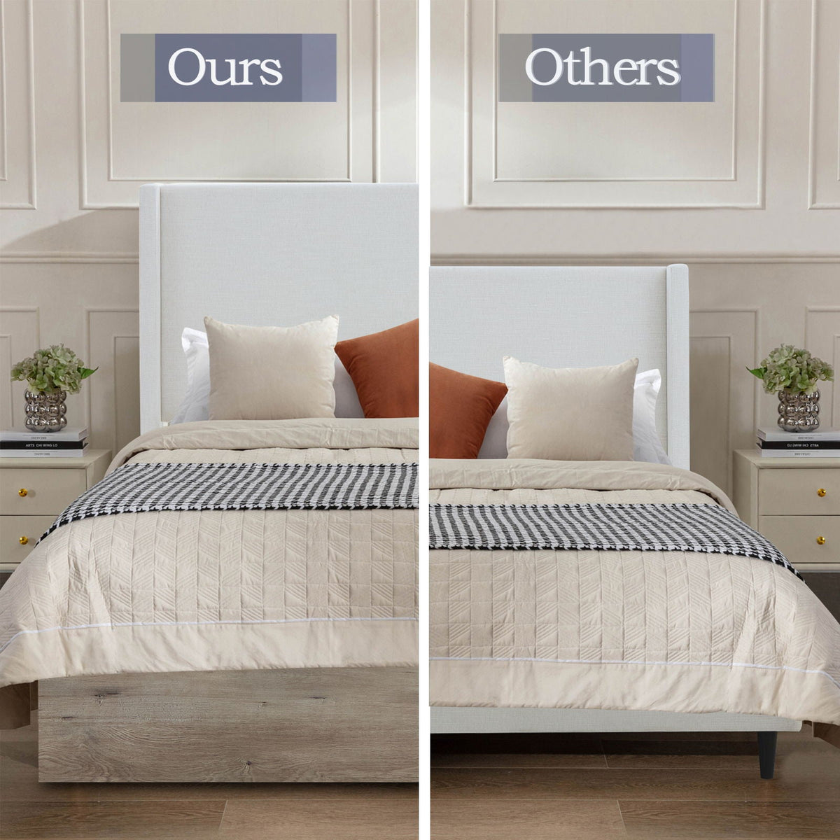 Queen Upholstered Wingback Bed with 54" High Headboard - Ivory / Light Gray / Camel Oak