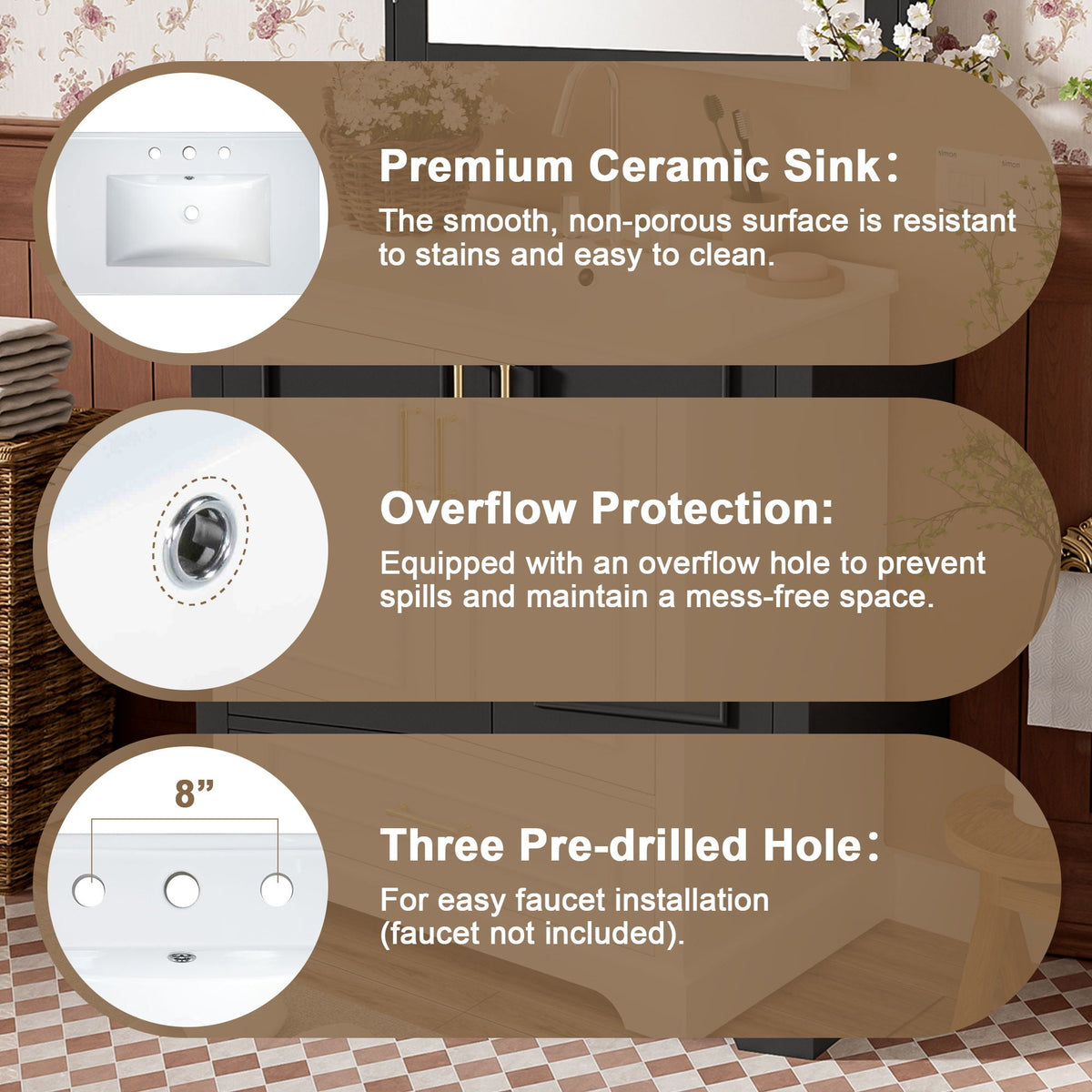 Bathroom Vanity with Sink and Soft Close Doors - White, Black, Green, or Gray