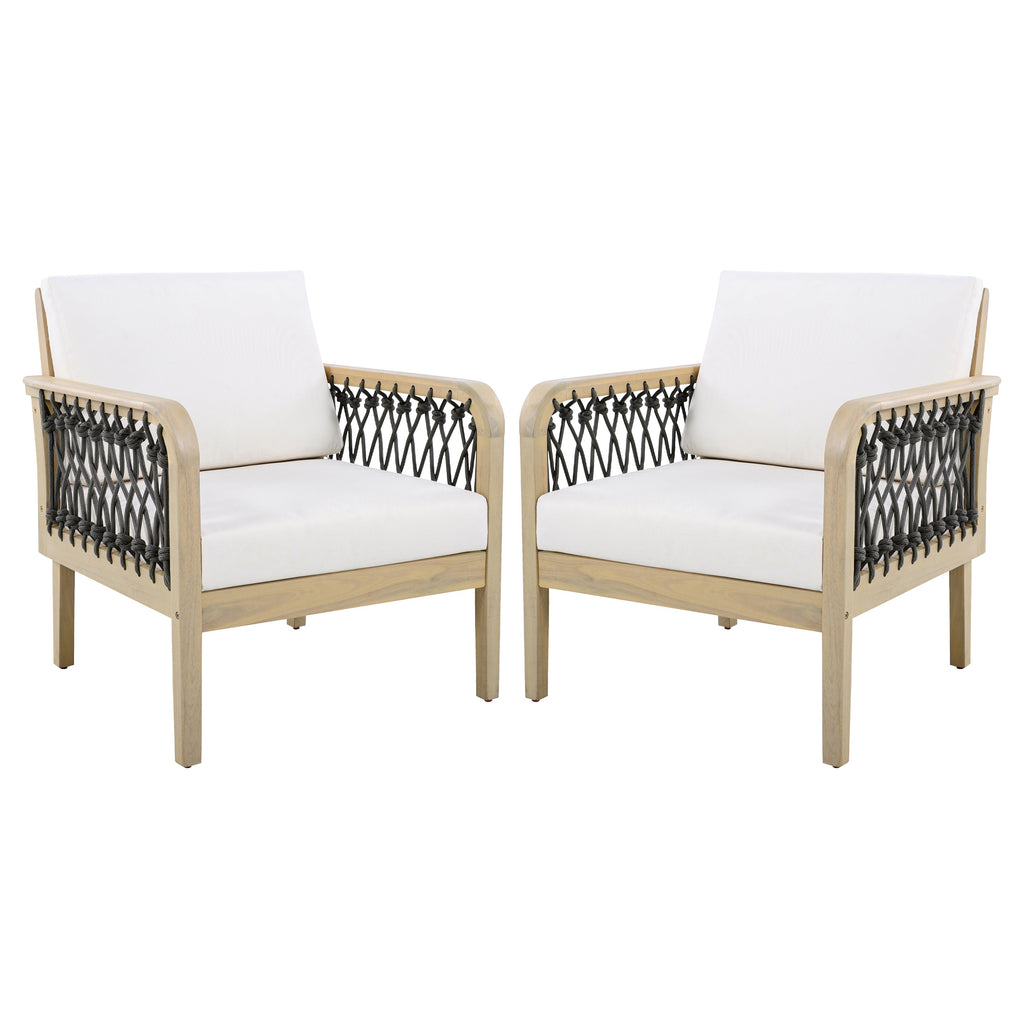 Outdoor Acacia Wood Club Chair with Handwoven Rope Armrests - Cream