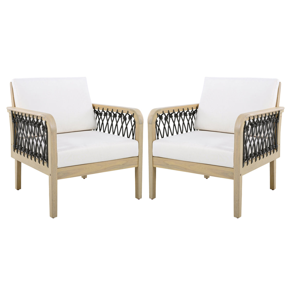 Outdoor Acacia Wood Club Chair with Handwoven Rope Armrests - Cream