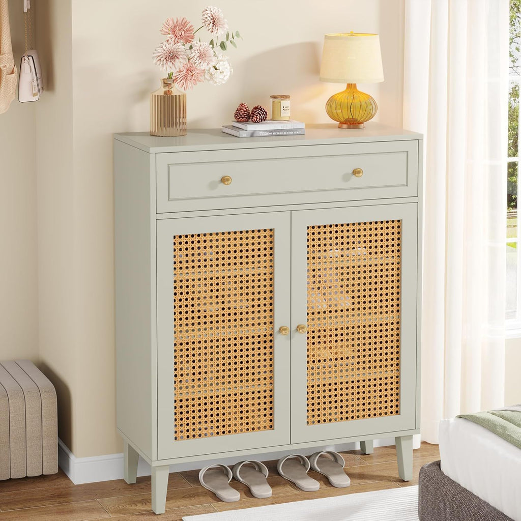 Mint Green Shoe Cabinet With Rattan Doors and Drawer - 4 Tier Storage Organizer