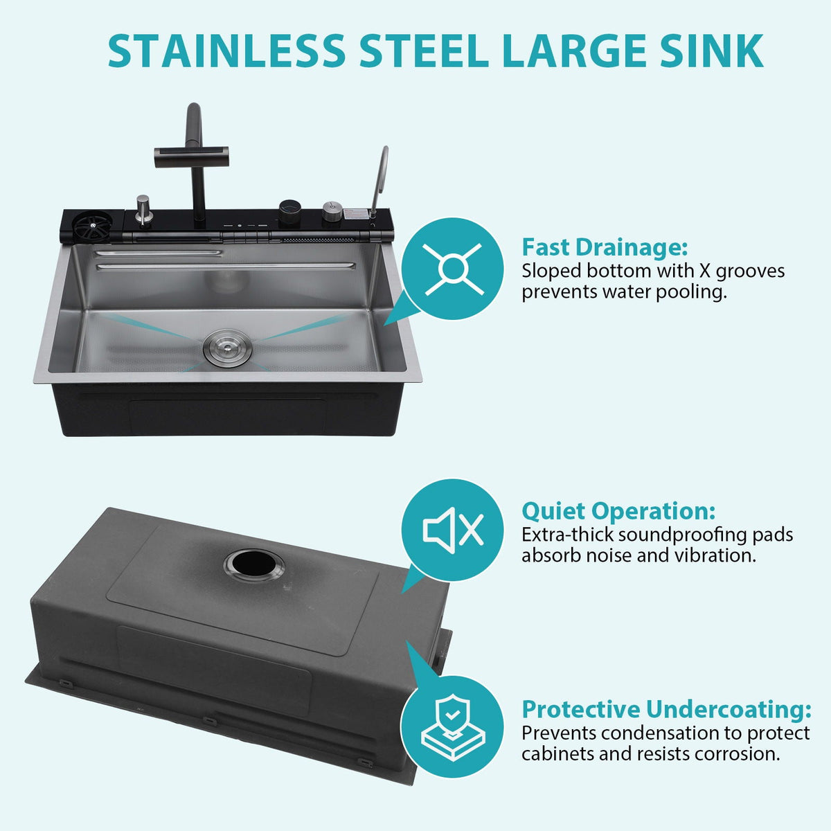 30" Single Bowl Kitchen Sink with Smart LED Faucet - Black or Gray