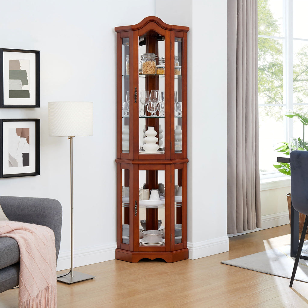 Corner Curio Cabinet with Lights and Adjustable Shelves - Walnut
