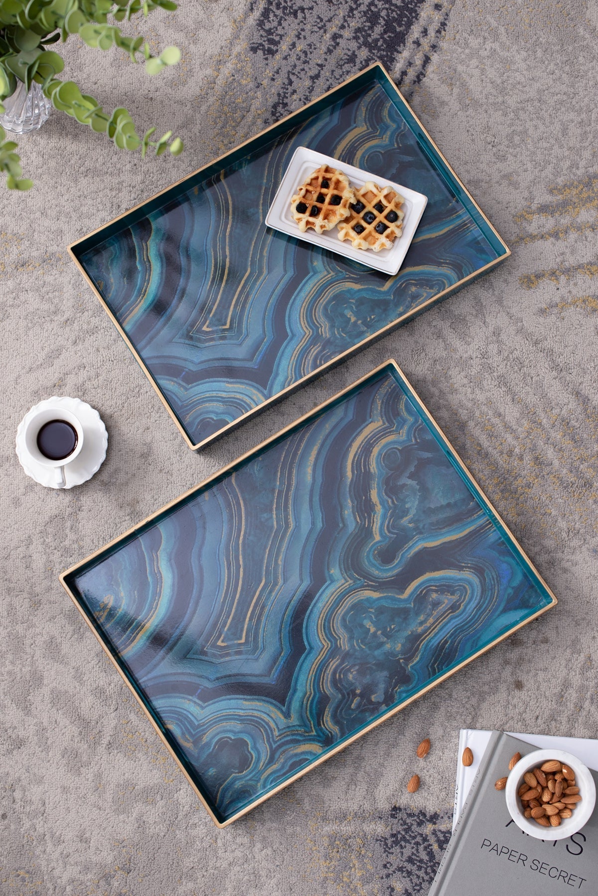 Set of 2 Effra Rectangular Trays with Marble-Inspired Finish - Blue or Black