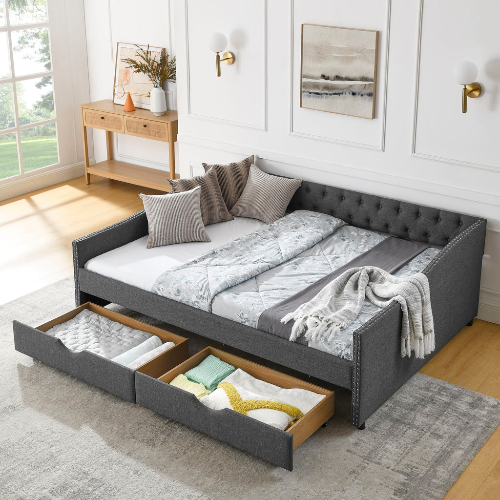 Upholstered Tufted Daybed with 2 Drawers and Waved Arms - Multiple Colors