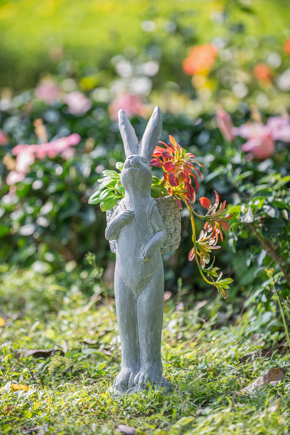 Tall Cement Rabbit Planter with Basket - Organic Gray