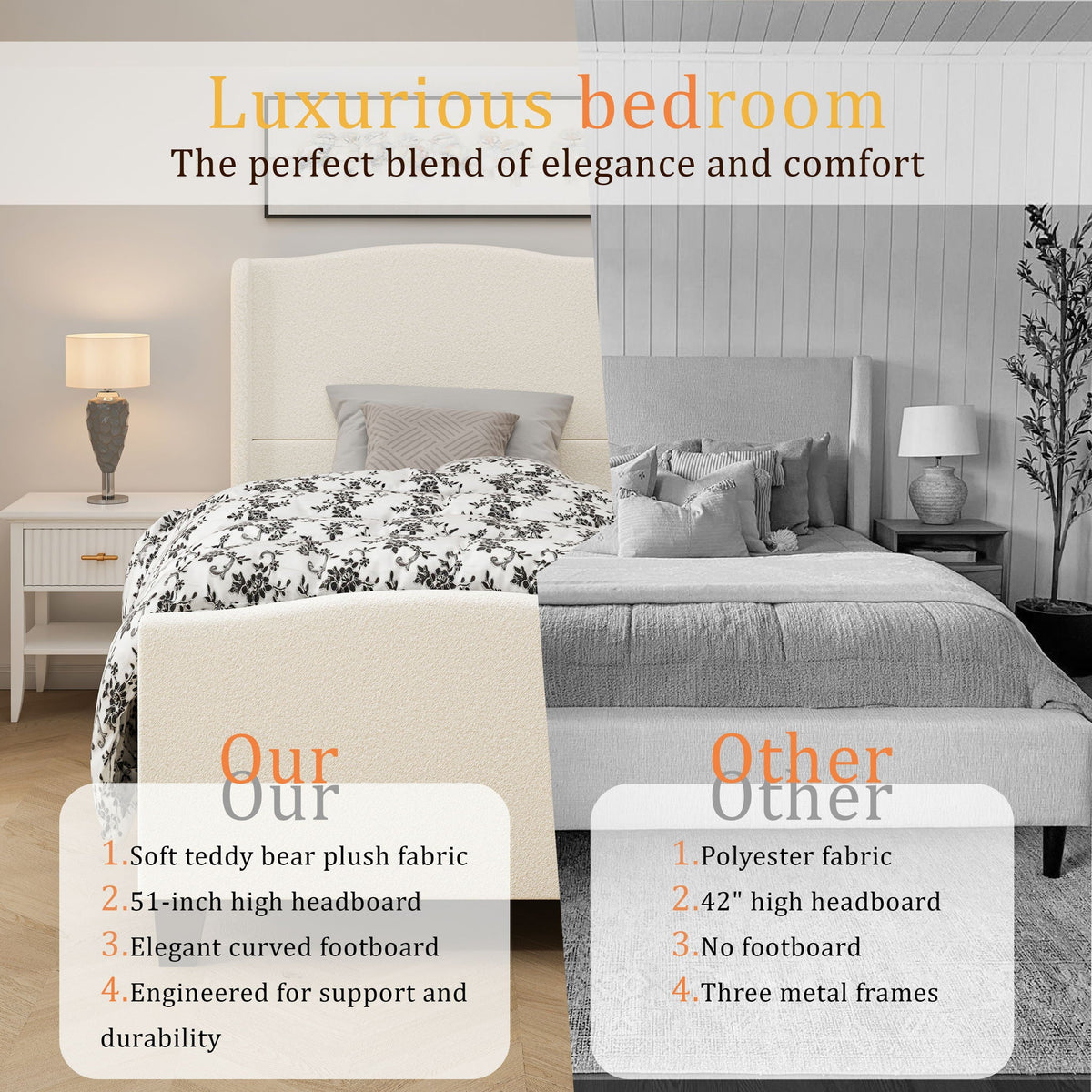 Platform Bed Frame with Tall Headboard and High Footboard - White or Gray