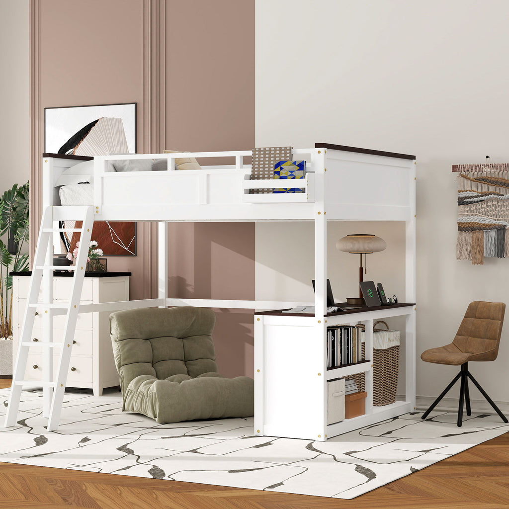 Queen Size Loft Bed with Desk, Storage, and USB Charging Station - White